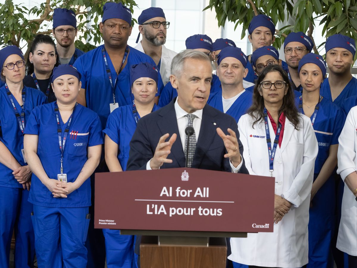 Canada’s Prime Minister Mark Carney speaks at Toronto General Hospital, Thursday June 4, 2026.