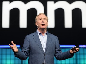 Brad Smith, President & Vice Chair, Microsoft, on Centre Stage during day one of Web Summit 2025 at the MEO Arena in Lisbon, Portugal.