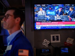 A television broadcasts SpaceX IPO news on the floor of the New York Stock Exchange (NYSE) in New York, US, on Wednesday, June 3, 2026