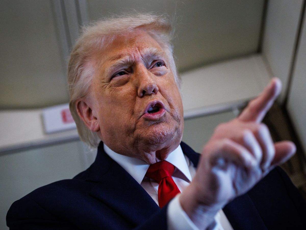 President Donald Trump speaks with reporters while aboard Air Force One en route to Chippewa Falls, Wisconsin on June 5, 2026