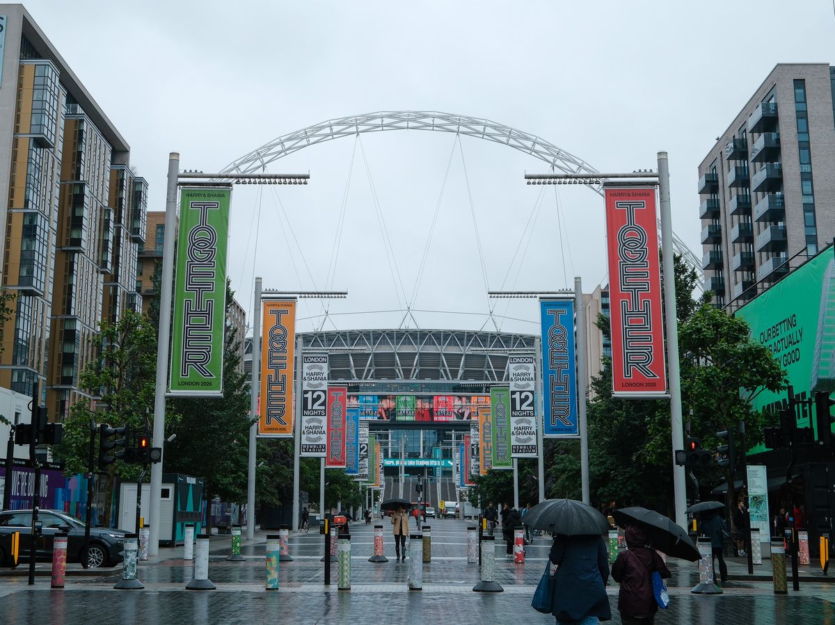 Harry Styles "Together, Together" tour branding is displayed on Olympic Way at Wembley Stadium on June 11, 2026 in London, England.
