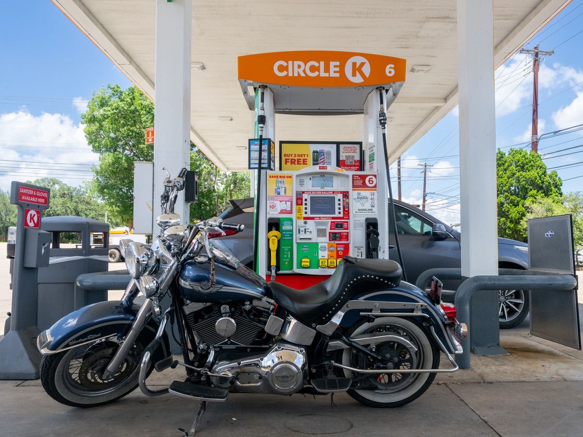 A motorcycle is parked at a Circle K gas station on June 16, 2026 in Austin, Texas.