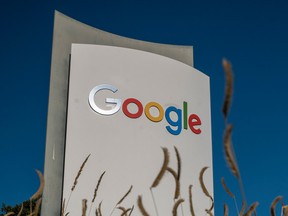 Signage is displayed in front of a building on the Google campus in Mountain View, California, U.S., on Wednesday, Oct. 21, 2020.