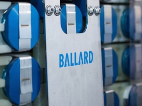 Hydrogen fuel cells stand at the Ballard Power Systems Inc. facility in Burnaby, British Columbia, Canada, on Friday, April 22, 2016.