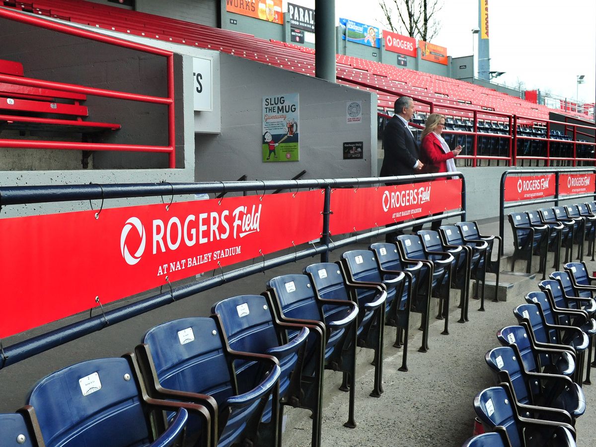 Tony Staffieri, President and CEO, Rogers Communications looks out on the field as the company builds on a partnership that spans more than a decade announcing details of an expanded multi-year agreement at Nat Bailey Stadium in Vancouver, BC., April 18, 2023.