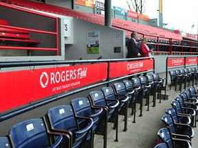 Tony Staffieri, President and CEO, Rogers Communications looks out on the field as the company builds on a partnership that spans more than a decade announcing details of an expanded multi-year agreement at Nat Bailey Stadium in Vancouver, BC., April 18, 2023.
