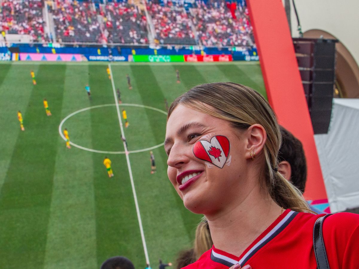Canada fans watch the 2026 World Cup football tournament Round of 32 match between South Africa and Canada at the FIFA Fan Festival at Union Station in Downtown Los Angeles on June 28, 2026