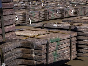 Copper ingots ready for export are stacked at the Kamoa Copper S.A. facility in Kolwezi, in the southeastern Democratic Republic of the Congo, on May 20, 2026.