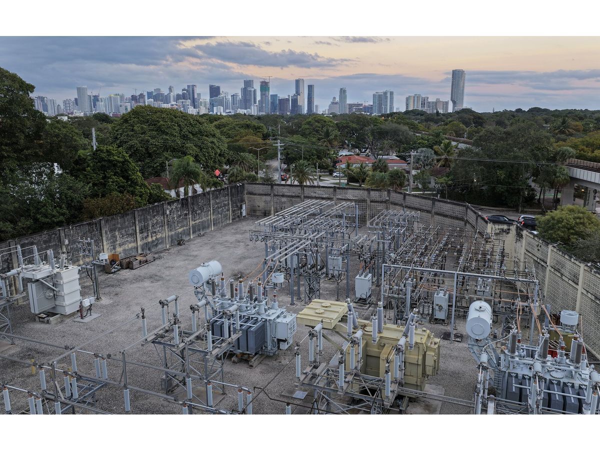 High voltage power lines run through a sub-station along the electrical power grid in Miami.