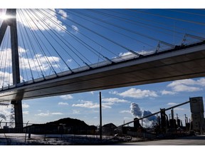 The Gordie Howe International Bridge under construction in Detroit earlier this year.