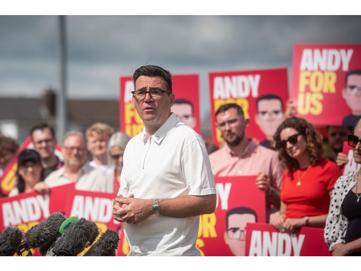 Andy Burnham celebrates his victory in the Makerfield by-election with a rally in Ashton-in-Makerfield, UK, on June 19.