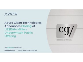 Aduro Clean Technologies announces the closing of its US$15.64 million underwritten public offering, with Canaccord Genuity serving as underwriter.