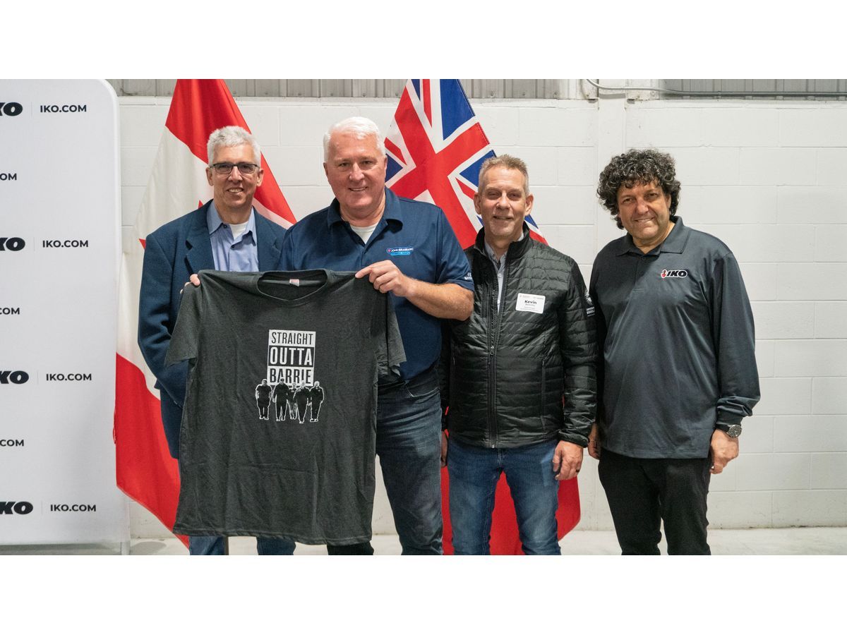  Guy Tremblay (Vice President of Operations, IKO North America), John Brassard (Member of Parliament for Barrie South–Innisfil), Kevin Beaudry (Plant Manager, BramCal Production Inc.) and David Koschitzky (Chief Executive Officer, IKO North America)