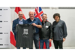 Guy Tremblay (Vice President of Operations, IKO North America), John Brassard (Member of Parliament for Barrie South–Innisfil), Kevin Beaudry (Plant Manager, BramCal Production Inc.) and David Koschitzky (Chief Executive Officer, IKO North America)