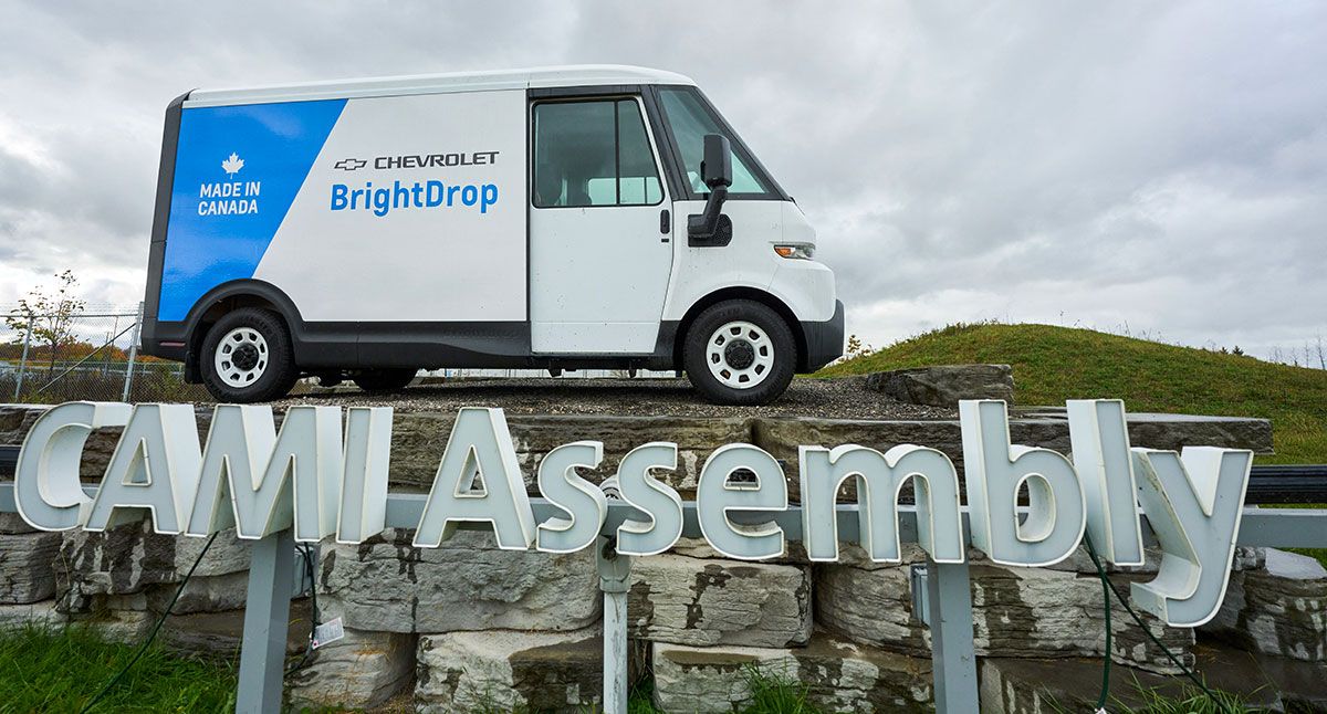 A BrightDrop electric delivery van sits on a display at General Motors’ CAMI auto assembly plant in Ingersoll, Ont. GM halted production at the plant last year. A BrightDrop electric delivery van sits on a display at General Motors’ CAMI auto assembly plant in Ingersoll, Ont. GM halted production at the plant last year.