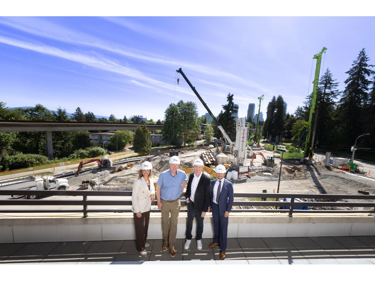 Crestpoint Real Estate Investments and Anthem Properties were joined by the Mayor of Burnaby to celebrate the King + Park masterplan project at the gateway to Burnaby. From left to right, Tracy McRae from Anthem, Burnaby Mayor Mike Hurley, Rob Blackwell from Anthem and Max Rosenfeld from Crestpoint.