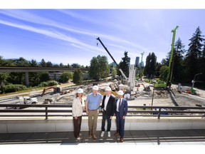 Crestpoint Real Estate Investments and Anthem Properties were joined by the Mayor of Burnaby to celebrate the King + Park masterplan project at the gateway to Burnaby. From left to right, Tracy McRae from Anthem, Burnaby Mayor Mike Hurley, Rob Blackwell from Anthem and Max Rosenfeld from Crestpoint.