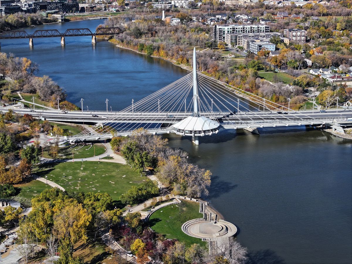 The Esplanade Riel footbridge at The Forks National Historic Site, part of the Trans Canada Trail, in downtown Winnipeg.