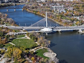 The Esplanade Riel footbridge at The Forks National Historic Site, part of the Trans Canada Trail, in downtown Winnipeg.