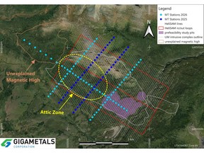 2026 HeliSAM and MT geophysical program in relation to 2025 MT stations, showing Attic Zone.