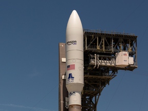 An Atlas V rocket in its 551 configuration is seen the day before launch at United Launch Alliance (ULA) launch complex 41 inside the Cape Canaveral Space Force Base, United States.