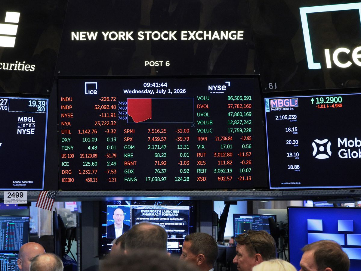 Stock Market numbers are displayed on the floor of the New York Stock Exchange during morning trading on July 01, 2026 in New York City.