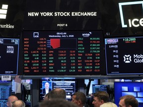 Stock Market numbers are displayed on the floor of the New York Stock Exchange during morning trading on July 01, 2026 in New York City.