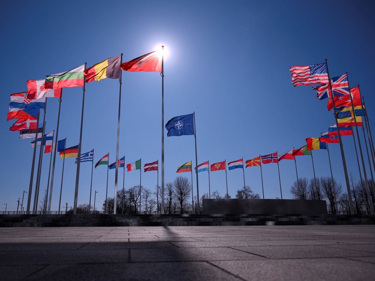 This photograph taken on March 6, 2025 shows the member nation flags in the Cour d'Honneur of the The North Atlantic Treaty Organization (NATO) headquarters in Brussels.