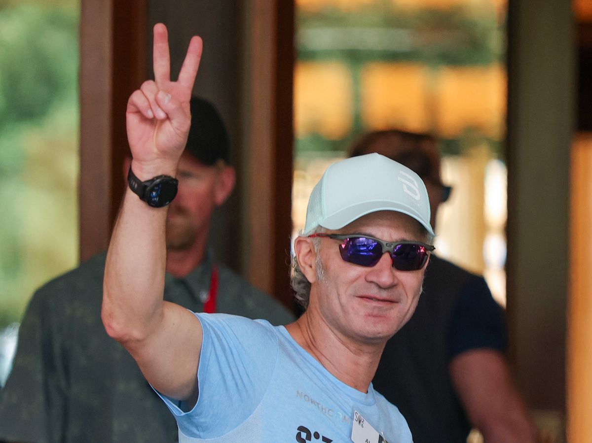 CEO of Palantir Technologies Alex Karp arrives at the Sun Valley Lodge for the Allen & Company Sun Valley Conference on July 7, 2026 in Sun Valley, Idaho.