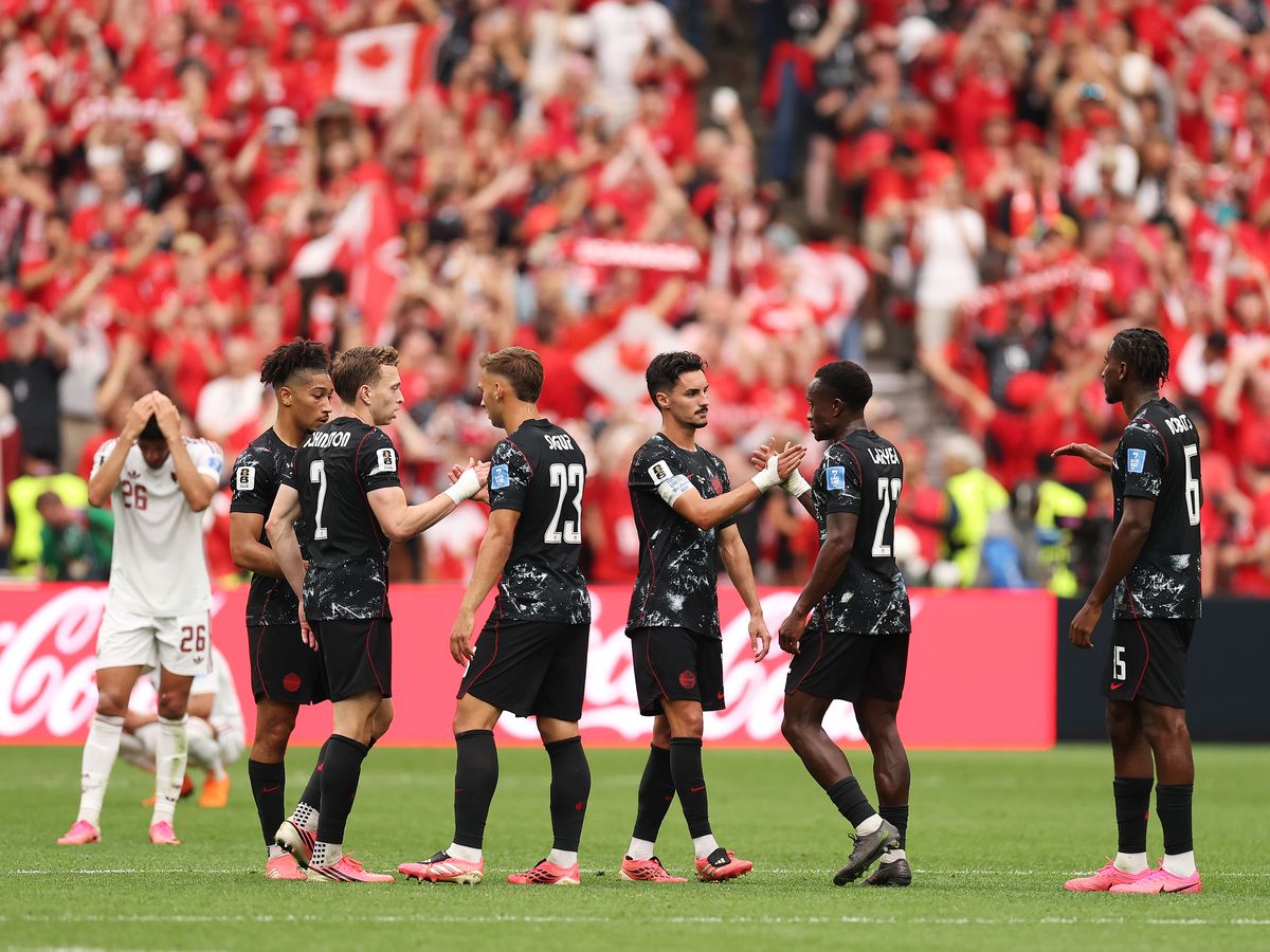 Players of Canada celebrate the team's 6-0 victory in the FIFA World Cup 2026 Group B match between Canada and Qatar at BC Place Vancouver on June 18, 2026 in Vancouver, British Columbia.