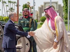 This handout picture released by the Saudi Ministry of Media shows Saudi Arabia's Crown Prince Mohammed bin Salman (R) welcoming Canada's Prime Minister Mark Carney during his official visit at Al-Salam Royal Palace in Jeddah on July 9, 2026.