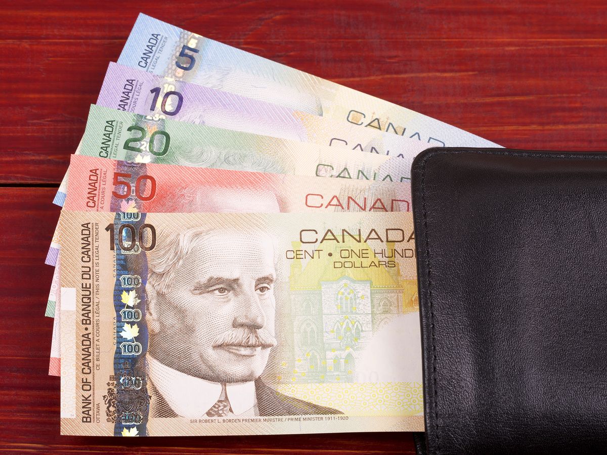 Canadian money in the black wallet on a wooden background