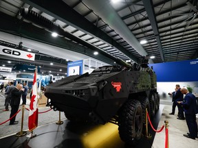 LAV/BVL self-propelled 155mm howitzer on display at General Dynamics Land Systems (GDLS) booth at CANSEC defence trade show at Cohere Centre in Ottawa on Thursday, May 28, 2026.