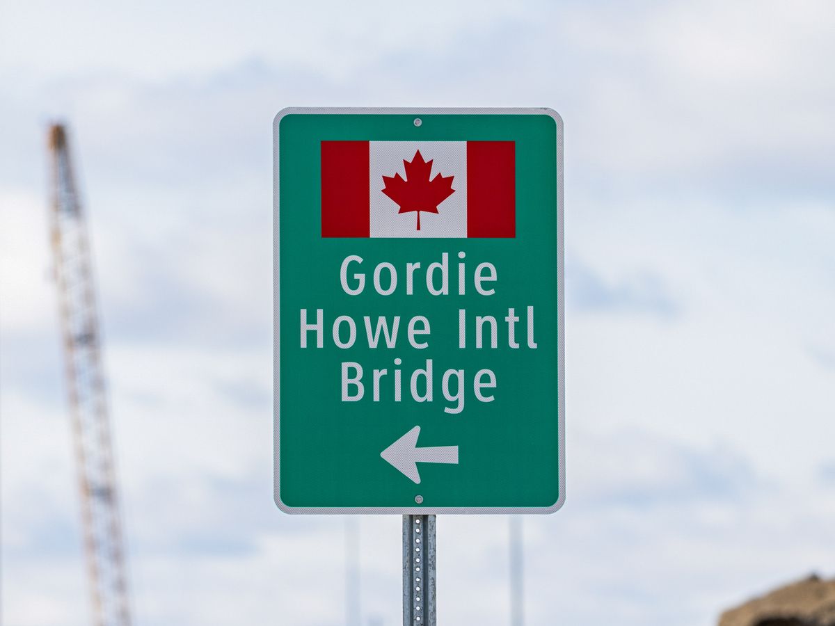 A sign for the Gordie Howe International Bridge near its construction site in Detroit, Michigan, US, on Thursday, Feb. 12, 2026.