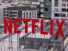 In an aerial view, the Netflix logo is displayed above Netflix corporate offices on October 7, 2025 in Los Angeles, California.
