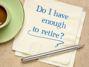 Do I have enough to retire? Handwriting on a napkin with a cup of coffee. Finance and retirement planning concept