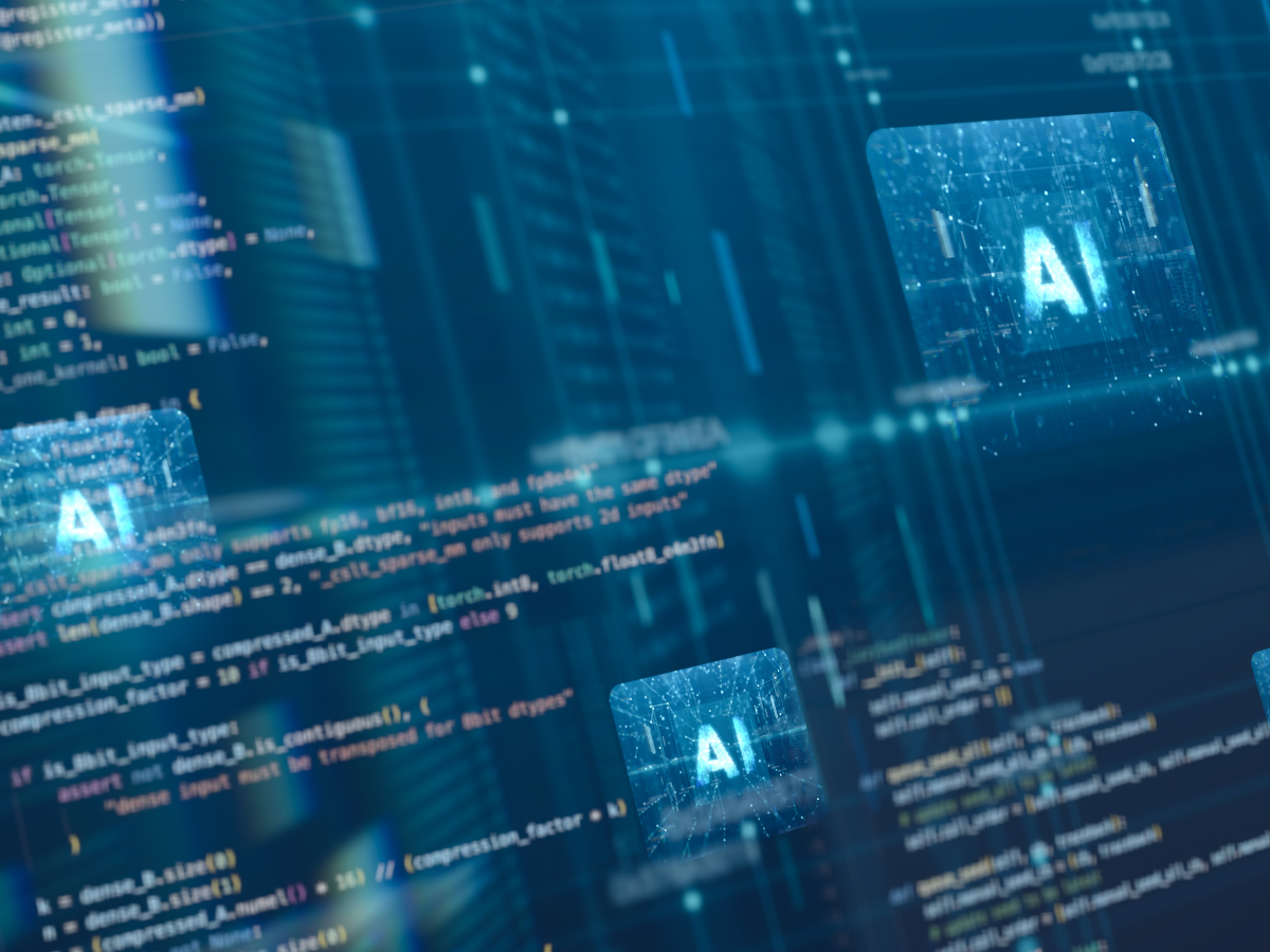 A motion graphic showing computer code on a digital screen, representing artificial intelligence, machine learning, and innovative software development technology.
