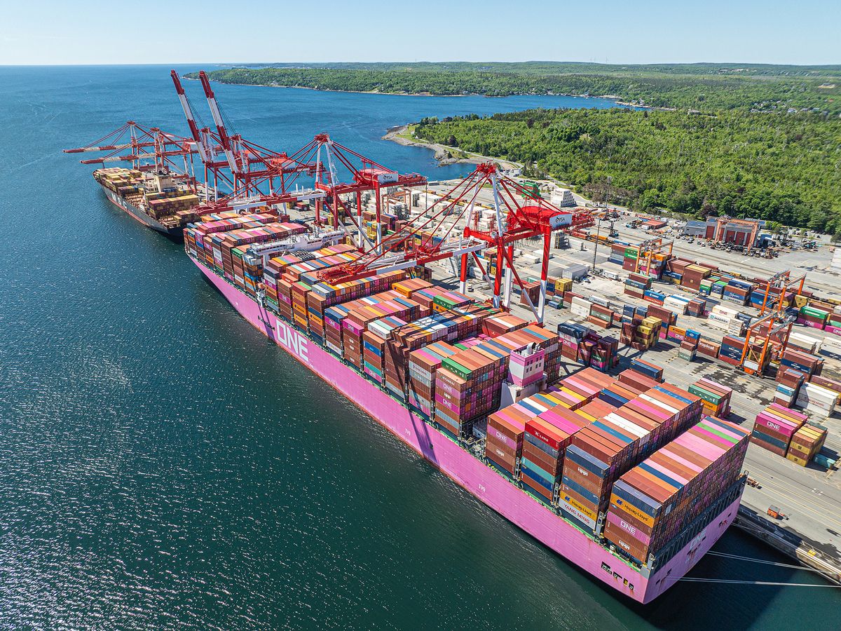 A cargo ship docked at the Port of Halifax.