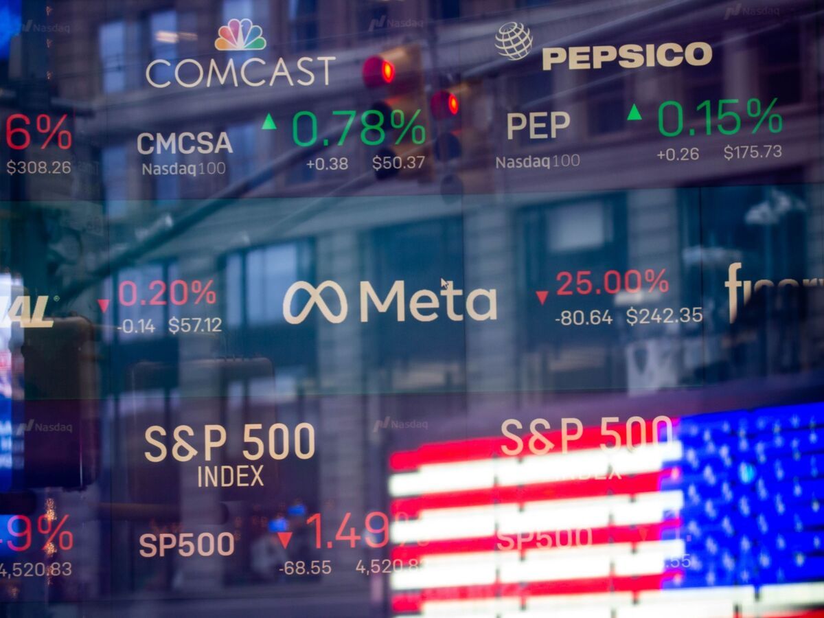 Meta stock information at the Nasdaq MarketSite in New York, U.S., on Thursday, Feb. 3, 2022.