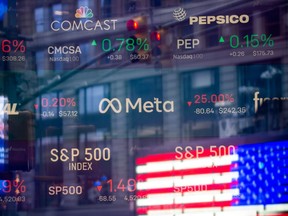 Meta stock information at the Nasdaq MarketSite in New York, U.S., on Thursday, Feb. 3, 2022.