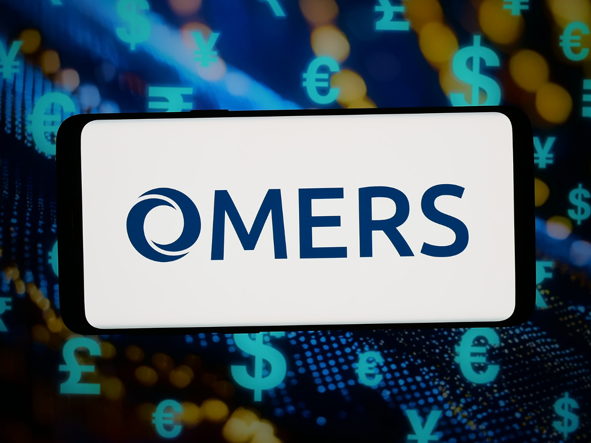 In this photo illustration, the Canadian public pension fund OMERS logo is seen displayed on a smartphone in front of abstract background on computer screen.