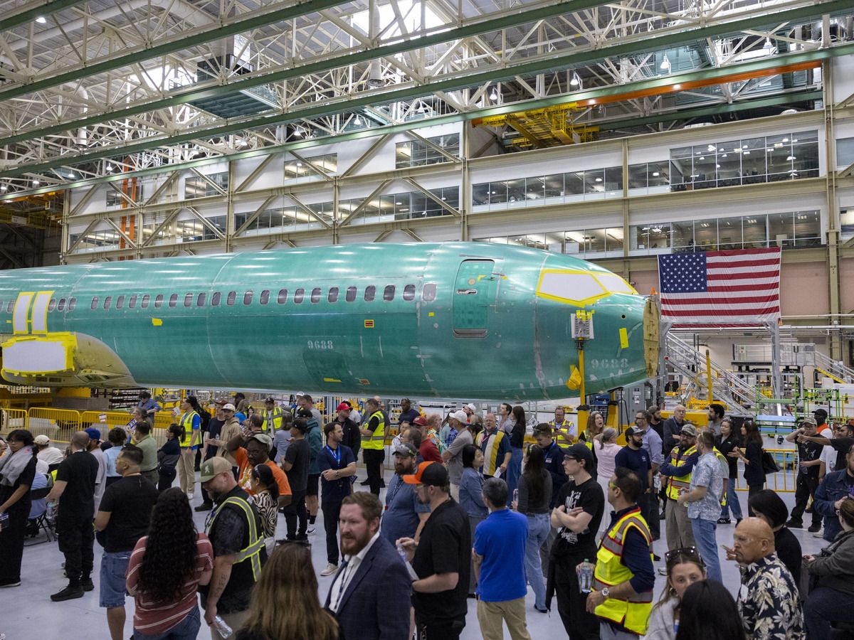 A Boeing 737 MAX 10 fuselage is pictured during the opening ceremony for the company's new North Line assembly line, which will produce 737 MAX aircraft, at the Boeing Everett Factory in Everett, Washington, on July 10, 2026.