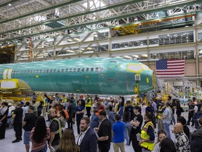 A Boeing 737 MAX 10 fuselage is pictured during the opening ceremony for the company's new North Line assembly line, which will produce 737 MAX aircraft, at the Boeing Everett Factory in Everett, Washington, on July 10, 2026.