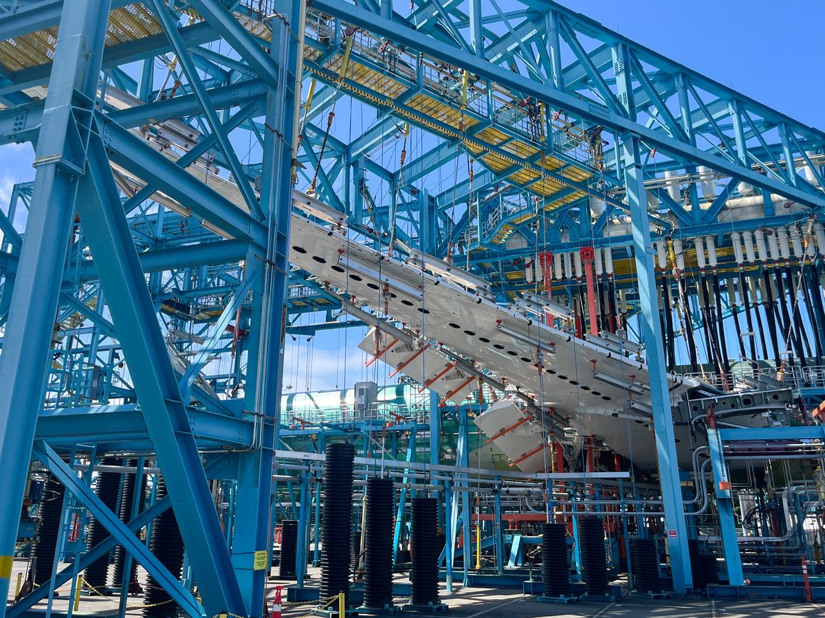 A Boeing 777X airliner undergoes fatigue testing, a step in the certification of the new aircraft, at the Boeing Everett Factory in Everett, Washington, on July 8, 2026.