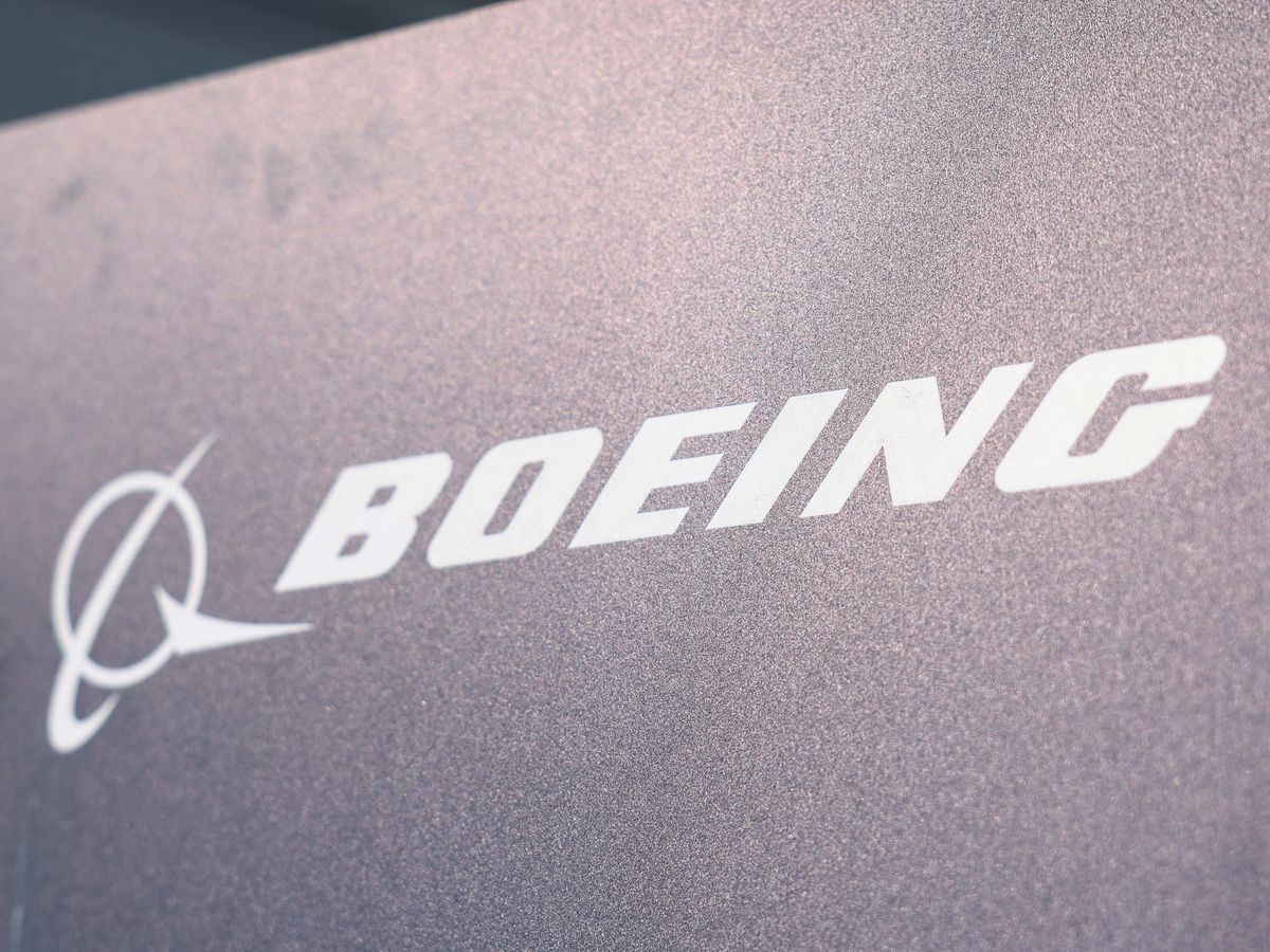 The logo for US plane maker Boeing is pictured on the second day of the Farnborough International Airshow 2026 in Farnborough, south-west of London, on July 21, 2026.