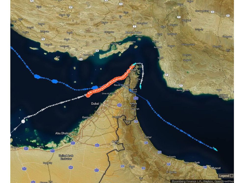 The products tanker (in red) that had U-turned on Saturday is attempting a Hormuz transit again on the Omani side on Sunday. One other products tanker and a crude carrier also crossed.