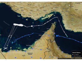 The Al Areesh (in white) sailed into the Gulf of Oman from the Strait of Hormuz early Thursday, while the CYH Yongchun sailed in the opposite direction.