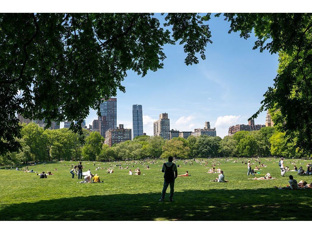  People gather on a lawn at Central Park on an unseasonably warm spring day in Manhattan on May 05, 2026, in New York City. A recent summer forecast from AccuWeather warns of the possibility of historic heat and severe storms, with the number of 90-degree days predicted to be near or above the historical average.