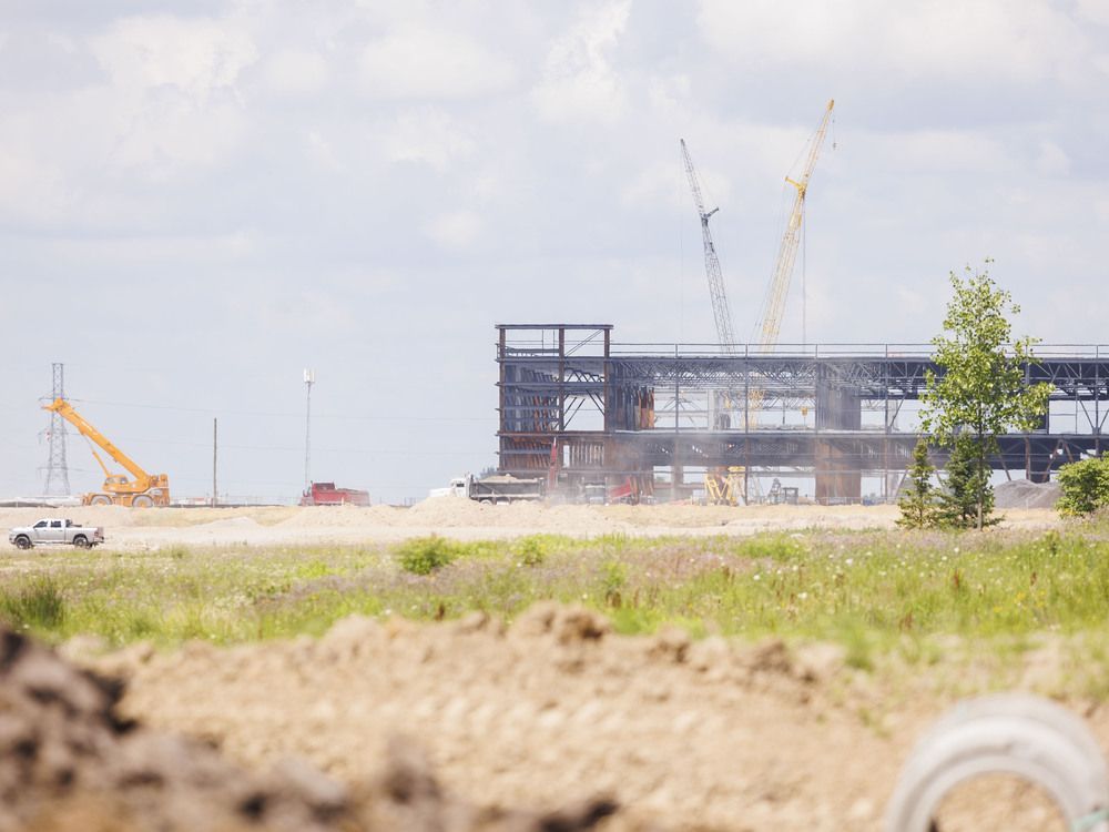 PowerCo Canada Inc. says it still intends to start production at its $7-billion St. Thomas electric battery plant in 2027 despite challenges its parent company Volkswagen AG is facing. Construction of the plant is shown in a photo taken on Wednesday, July 8, 2026. (Geoff Robins/The London Free Press)