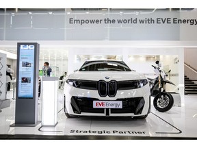 The BMW iX3 displayed at the EVE Energy booth features the company's 46-series large cylindrical batteries for premium European electric vehicles